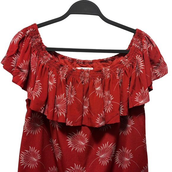 Madewell Red Off-Shoulder Palmflower Pattern Dress Size S 100% Silk - Picture 5 of 9